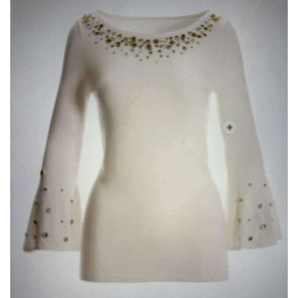 NWOT Boston Proper Cream Jewel Embellished Boat Neck Flare Sleeve Sweater-XS